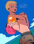  ;d areolae ass backpack bag blonde_hair blue_(dragon_ball) blue_eyes cloud day dragon_ball dragon_ball_(classic) dragon_ball_(object) heart italian katori_(katokichi) looking_at_viewer male_focus one_eye_closed open_mouth shirtless sky smile solo speech_bubble 