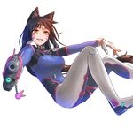  ahri aiming_at_viewer animal_ears bangs blue_bodysuit bodysuit breasts brown_hair charm_(object) commentary cosplay d.va_(overwatch) d.va_(overwatch)_(cosplay) dlausdnr56 eyebrows_visible_through_hair facepaint facial_mark fox_ears fox_girl from_side gloves grin gun handgun high_collar holding holding_gun holding_weapon large_breasts league_of_legends long_hair looking_at_viewer looking_to_the_side no_tail overwatch parted_lips pilot_suit pistol reclining ribbed_bodysuit shoulder_pads simple_background skin_tight slit_pupils smile solo swept_bangs weapon whisker_markings white_background white_gloves yellow_eyes 