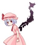  ascot batta_(ijigen_debris) blue_hair blush commentary dress eyebrows_visible_through_hair from_side hat highres japan leaning_forward looking_at_viewer mob_cap pink_dress pink_hat puffy_short_sleeves puffy_sleeves pun red_eyes red_neckwear remilia_scarlet short_hair short_sleeves solo touhou wrist_cuffs 