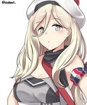  absurdres armband bare_shoulders beret blonde_hair blush breasts cleavage closed_mouth dress eyebrows_visible_through_hair grey_eyes hair_between_eyes hat highres kantai_collection kiritto large_breasts long_hair looking_at_viewer pom_pom_(clothes) richelieu_(kantai_collection) simple_background sleeveless sleeveless_dress solo strapless strapless_dress twitter_username upper_body white_background white_hat yellow_eyes 