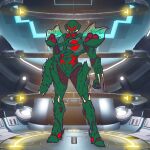  alternate_design arm_blade arm_cannon armor assault_visor biomechanical biopunk carapace clenched_hand commentary concept_art english_commentary facing_viewer game_screenshot game_screenshot_background glaedrax green_armor highres metroid metroid_(creature) metroid_dread metroid_suit pauldrons power_armor power_suit power_suit_(metroid) red_visor redesign samus_aran science_fiction screenshot_background shoulder_armor spiked_arm spikes standing transparent_armor weapon 