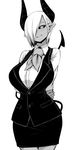  arms_behind_back black_sclera blush breasts collared_shirt commentary_request cowboy_shot dark_skin demon_girl demon_horns demon_tail dress_shirt greyscale hair_over_one_eye head_tilt highres horns juugoya_(zyugoya) large_breasts long_sleeves looking_at_viewer monochrome musuko_ga_kawaikute_shikatanai_mazoku_no_hahaoya neckerchief parted_lips pencil_skirt pointy_ears shirt skirt slit_pupils smile solo tail teresa_(musuko_ga_kawaikute_shikatanai_mazoku_no_hahaoya) vest wing_collar 