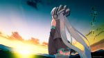  00s 1girl alternate_hair_color artist_name bare_shoulders cloud cowboy_shot detached_sleeves from_behind from_below furutaku528625 hair_ornament hatsune_miku headphones horizon light_blue_hair long_hair skirt sky solo standing sunrise thighhighs twintails very_long_hair vocaloid 