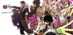  6+boys absurdres akaguro_chizome annotated bandages black_coat black_footwear black_gloves black_hair blonde_hair blue_eyes blue_pants boku_no_hero_academia book boots bubaigawara_jin cat_skull chisaki_kai chrollo_lucilfer cigar closed_mouth coat cosplay cross crossover d.gray-man dabi_(boku_no_hero_academia) dark_skin death_note denden_(dendenkiribaku) diamond_wa_kudakenai double_bun earrings fangs frilled_shirt frilled_skirt frills fur_collar gloves hand_on_another's_head hat hat_removed headwear_removed highres holding holding_book holding_hat hook_hand hunter_x_hunter jacket japanese_clothes jewelry jojo_no_kimyou_na_bouken katana killer_queen kira_yoshikage kira_yoshikage_(cosplay) l_(death_note) l_(death_note)_(cosplay) long_sleeves mask mask_removed multiple_boys naruto naruto_(series) neck_ribbon necktie one_eye_closed one_piece orange_eyes outstretched_arm pants prosthesis prosthetic_arm pumpkin purple_coat purple_jacket red_eyes ribbon road_kamelot road_kamelot_(cosplay) rurouni_kenshin sako_atsuhiro saliva scar severed_hand shigaraki_tomura shirt shishio_makoto shishio_makoto_(cosplay) shoes short_hair silver_hair sir_crocodile sir_crocodile_(cosplay) skirt smile stand_(jojo) stitches striped striped_legwear sword thighhighs tobi toga_himiko top_hat uchiha_obito umbrella weapon white_background white_gloves white_shirt yellow_eyes 