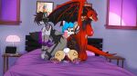 5_fingers absurd_res anthro bed bed_sheet bedding bedroom blue_eyes blue_hair breasts brown_hair caracal caracal_(genus) collaborative collaborative_hot_dogging collaborative_sex dragon felid feline female female_anthro femboy fingers flare_(flarevrc) fur furniture genderfluid genitals grey_body grey_fur group hair hi_res hot_dogging kvn_poulsen kvnpoulsen lava magma_dragon male male/female male/male male_anthro mammal mythological_creature mythological_scalie mythology nidhog_(siggioi) procynoid procyonid purple_eyes purple_insides purple_tongue raccoon scalie sex siggi tail tongue trio 