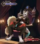  abdominal_bulge absurd_res anthro big_tail bodily_fluids bottomwear breasts chair clothed clothing dominant dominant_male duo erect_nipples female female_anthro finger_in_mouth fur furniture gameplay_mechanics genital_fluids genitals grey_hair gui hair health_bar heterochromia hi_res holding_waist horn knot kowu_kathell kyro_eisenpelz larger_male male male/female male_anthro nipples omez on_lap open_bottomwear open_clothing open_pants panties pants partially_clothed penetration questionable_consent sex sitting_on_lap size_difference smaller_female spread_legs spreading stretched_pussy tail throne topwear torn_clothing torn_panties torn_topwear torn_underwear underwear vaginal vaginal_fluids vaginal_penetration white_body white_fur worried_look 