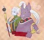  1girl bracelet champa_(dragon_ball) copyright_name dragon_ball dragon_ball_super egyptian_clothes expressionless hand_on_hip jewelry katori_(katokichi) long_hair looking_at_viewer ponytail purple_eyes simple_background smile staff vados_(dragon_ball) very_long_hair white_hair 