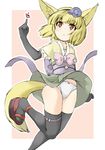  1girl animal_ears arm_up beige_background black_gloves black_legwear blonde_hair blue_flower blush border bow bow_pantied character_request elbow_gloves eyebrows_visible_through_hair female flower fox-ears fox_tail gloves green_skirt hair_flower headband knees_together_feet_apart leg_lift looking_up mepikari navel outline panties pink_bow red_footwear sandals sash short_hair simple_background skindentation skirt solo standing standing_on_one_leg tail thighhighs underwear upskirt white_border white_panties wind_lift yellow_eyes 