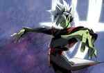  blue_eyes dragon_ball dragon_ball_super earrings fused_zamasu green_skin grey_jacket grin jacket japanese_clothes jewelry katori_(katokichi) long_sleeves looking_away looking_down male_focus outstretched_arms pointy_ears ring sanpaku sash smile solo spiked_hair spread_arms standing white_hair zamasu 