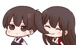  akagi_(kantai_collection) anger_vein bangs batta_(ijigen_debris) blush brown_eyes brown_hair chibi closed_eyes closed_mouth commentary_request eyebrows_visible_through_hair hair_in_mouth highres japanese_clothes kaga_(kantai_collection) kantai_collection long_hair looking_at_viewer multiple_girls muneate side_ponytail smile 