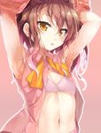  armpits arms_up bangs blush breasts cafe-chan_to_break_time cafe_(cafe-chan_to_break_time) cleavage eyebrows_visible_through_hair long_hair looking_at_viewer navel open_clothes open_shirt outline parted_lips pink_background pink_shirt porurin shiny shiny_hair shirt simple_background sleeveless sleeveless_shirt small_breasts solo stomach undressing upper_body white_outline yellow_eyes 
