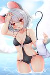  animal_ears ass_visible_through_thighs bangs bare_arms bare_shoulders black_swimsuit breasts cloud collarbone commentary_request day grey_hair hand_up highres mouse_ears mouse_tail nazrin o-ring outdoors red_eyes small_breasts solo summer swimsuit tail tail_raised tokoya_(ex-hetare) touhou towel wading water wet wet_hair 