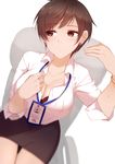  1girl alone black_skirt breasts brown_eyes brown_hair chair cleavage commentary earrings female highres large_breasts office_clothes office_lady original shirt short_hair sitting skirt solo sweating thighs white_background white_shirt 