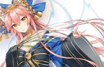 animal_ears bare_shoulders bell bow breasts cleavage collarbone fate/grand_order fate_(series) fox_ears fox_shadow_puppet fox_tail hair_bow hair_ribbon japanese_clothes large_breasts long_hair looking_at_viewer multiple_tails open_mouth pink_hair ribbon shiao solo tail tamamo_(fate)_(all) tamamo_no_mae_(fate) very_long_hair yellow_eyes 