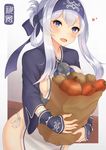  absurdres ainu_clothes bag bandana blue_eyes blue_hair blue_headband breasts carrot character_name cropped_jacket folded_ponytail fundoshi headband highres japanese_clothes kaleid kamoi_(kantai_collection) kantai_collection large_breasts onion open_mouth paper_bag pelvic_curtain potato sideboob sidelocks solo thick_eyebrows white_hair wrist_guards 