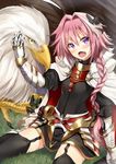  :d astolfo_(fate) black_bow black_legwear blush boots bow braid cape commentary_request fang fate/apocrypha fate_(series) garter_straps gauntlets grass hair_bow hair_intakes hippogriff kakao_rantan open_mouth otoko_no_ko petting pink_hair purple_eyes single_braid sitting smile thighhighs wariza white_footwear 