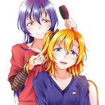  artist_request bangs blue_eyes blue_hair blue_shirt blush brush chair closed_mouth commentary_request hair_between_eyes hair_brush hair_brushing hairdressing holding kousaka_honoka long_hair love_live! love_live!_school_idol_project multiple_girls one_side_up open_mouth orange_hair red_shirt shirt short_hair simple_background sitting smile sonoda_umi white_background 