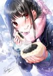  anpan black_hair blurry blush bread depth_of_field eyebrows_visible_through_hair food food_on_face highres kazuharu_kina long_hair long_sleeves looking_at_viewer original red_eyes scarf school_uniform signature solo upper_body winter_clothes 