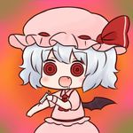  :d ascot batta_(ijigen_debris) blue_hair chibi commentary_request drugs empty_eyes eyebrows_visible_through_hair fang hat looking_at_viewer mob_cap open_mouth pink_hat pink_shirt pink_skirt puffy_short_sleeves puffy_sleeves red_eyes red_neckwear remilia_scarlet ringed_eyes saliva shirt short_hair short_sleeves skirt smile solo touhou upper_body wide-eyed wings wristband 