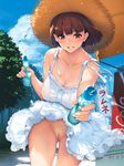  1girl artist_name awning bangs banner blue_sky blunt_bangs blush bob_cut bottle bow bow_panties breasts brown_eyes brown_hair cleavage cloud collarbone dress dress_lift female gluteal_fold grin hands hat highres holding holding_bottle large_breasts leaf leaning_forward lips looking_at_viewer no_bra nobori offering_drink original outdoors outstretched_arm panties pantyshot pantyshot_(standing) photoshop pink_panties pussy ramune sasaoka_gungu short_hair sky sleeveless sleeveless_dress smile solo spaghetti_strap spilling standing straw_hat sun_hat sundress sweat thigh_gap thighs tree uncensored underwear watermark white_dress wind wind_lift 