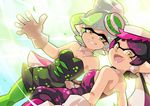  2girls aori_(splatoon) black_dress black_hair black_jumpsuit brown_eyes cousins detached_collar domino_mask dress dutch_angle english fangs food food_on_head from_behind green_legwear grey_hair grin hotaru_(splatoon) long_hair looking_at_viewer looking_back mask mole mole_under_eye multiple_girls object_on_head one_eye_closed open_mouth pantyhose pointy_ears reaching short_dress short_hair short_jumpsuit smile splatoon_(series) splatoon_1 standing strapless strapless_dress sushi tentacle_hair white_background wong_ying_chee 