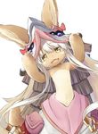  :3 :d animal_ears bunny_ears commentary dutch_angle fang furry hands_up happy_turn2 made_in_abyss nanachi_(made_in_abyss) open_mouth smile solo white_background white_hair yellow_eyes 