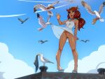  1girl :o artist_name assisted_exposure bare_arms bare_shoulders bird blue_sky borrowed_character breasts clothes_lift clothes_theft cloud collarbone commentary dark-skinned_female dark_skin day dr_graevling dress dress_lift english_commentary flip-flops food full_body green_eyes highres long_hair low_ponytail malyna_(malberrybush) open_mouth original outdoors pier pubic_hair pussy red_hair sandals sausage seagull shaped_pubic_hair shiny_skin sky small_breasts solo sparse_pubic_hair theft uncensored white_dress 