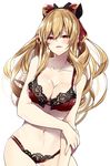  218 black_bow blonde_hair bow breasts cleavage commentary_request empty_eyes granblue_fantasy hair_bow large_breasts long_hair navel orange_eyes ponytail red_eyes solo swimsuit vira_lilie 