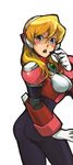  1girl alia alia_(rockman) android ass blonde_hair blue_eyes blush bodystocking breasts capcom ckotnha gloves long_hair looking_at_viewer looking_back open_mouth robot_girl rockman rockman_x rockman_x8 simple_background solo white_background white_gloves 