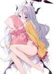  1girl :/ ahoge bare_legs barefoot black_horns blue_archive blush cardigan cardigan_on_shoulders closed_mouth commentary_request demon_girl demon_horns demon_wings feet foot_out_of_frame grey_hair hair_between_eyes halo highres hina_(blue_archive) hina_(pajamas)_(blue_archive) horns hugging_object long_hair long_sleeves looking_at_viewer low_wings lying multiple_horns no_pants official_alternate_costume on_side open_cardigan open_clothes pajamas panties pillow pillow_hug pink_pajamas polka_dot polka_dot_pajamas purple_eyes simple_background solo toes underwear very_long_hair white_background white_panties wings yellow_cardigan yon_(letter) 