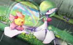  bob_cut cherrim cherrim_(overcast) cherrim_(sunshine) closed_eyes colored_skin dress forest gardevoir grass green_hair green_skin hair_over_one_eye multicolored_skin n:go nature on_grass open_mouth pink_eyes pokemon pokemon_(creature) pokemon_tcg rain rainbow river second-party_source sitting smile sparkle two-tone_skin water white_dress white_skin yellow_skin 