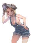  arm_up armpits bangs bare_arms bare_shoulders bent_over blonde_hair blush bow_(bhp) breasts brown_eyes brown_gloves cleavage closed_mouth collarbone commentary contrapposto cowboy_shot djeeta_(granblue_fantasy) from_below gloves granblue_fantasy hairband large_breasts leaning_forward looking_at_viewer mechanic_(granblue_fantasy) medium_breasts naked_overalls older overalls parted_bangs red_hairband short_hair simple_background single_glove smile solo standing tareme welding_mask white_background 