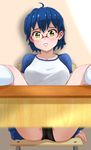  ahoge black_panties blue_hair blue_skirt chair collarbone commentary covered_nipples everlasting_summer glasses highres huyase kneehighs legs_up looking_at_viewer open_mouth panties raglan_sleeves red-framed_eyewear shirt short_hair sitting skirt solo spread_legs t-shirt underwear white_legwear yellow_eyes zhenya_(everlasting_summer) 