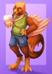 4_fingers 4_toes accipitrid accipitriform anthro arm_tuft avian beak biped bird bottomwear broken_arm broken_wing broken_wrist brown_body brown_feathers cast cheek_tuft cherry_lollipop claws clothing digitigrade displeased eagle facial_tuft feathered_tail feathered_wings feathers feet fingers golden_eagle green_clothing green_eyes grey_beak hi_res leg_tuft multicolored_beak nonbinary_(lore) pavlos_andriades purple_background scuted_hands scutes shorts simple_background sling_(medicine) tail tail_tuft talons tan_body tan_feathers toes topwear true_eagle tuft two_tone_beak white_claws winged_arms wings wrist_tuft yellow_beak