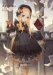 abigail_williams_(fate/grand_order) bangs black_bow black_dress black_hat blonde_hair bloomers blue_eyes book bow bug butterfly character_name commentary_request day dress fate/grand_order fate_(series) gawain_(artist) hair_bow hat head_tilt highres insect long_hair long_sleeves looking_at_viewer orange_bow outdoors paper parted_bangs parted_lips polka_dot polka_dot_bow sleeves_past_wrists solo spire standing stuffed_animal stuffed_toy teddy_bear underwear very_long_hair white_bloomers 