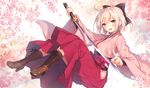  :d ahoge bangs black_bow blonde_hair blush boots bow brown_footwear cherry_blossoms cross-laced_footwear fate_(series) full_body glint hair_bow hakama half_updo highres hip_vent holding holding_sword holding_weapon japanese_clothes katana kimono knee_boots koha-ace lace-up_boots long_sleeves midair okita_souji_(fate) okita_souji_(fate)_(all) open_mouth petals pink_hakama pink_kimono sheath short_hair smile solo sword toosaka_asagi unsheathing weapon wide_sleeves yellow_eyes 