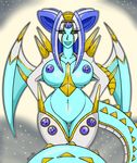  belly big_breasts blue_hair blue_skin breasts canastus dragon dragon_ball dragonball_gt female hair lipstick long_hair long_tail looking_at_viewer makeup monster_girl_(genre) multicored_eyes navel nipples nude oceanus_shenron pinup pose scales smile solo spikes transformation white_hair wide_hips wings 