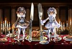  adapted_costume arm_at_side bird_tail broccoli brown_eyes brown_hair candle candlestand chicken_(food) closed_mouth commentary_request cup dirty_clothes drinking_glass eurasian_eagle_owl_(kemono_friends) fire food fork full_body fur_collar glass grey_hair hair_between_eyes highres holding holding_weapon indoors kemono_friends knife long_sleeves looking_at_viewer medium_hair multicolored_hair multiple_girls noah_(noxxxmo) northern_white-faced_owl_(kemono_friends) open_clothes open_vest outstretched_arm pantyhose petticoat pizza plate serious shirt skirt sleeves_past_wrists spoon standing table tail vest weapon white_legwear wide_sleeves wine_glass 