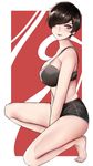  1girl ? alone bare_shoulders bra breasts brown_eyes brown_hair cleavage commentary curvy earring female hair_over_one_eye highres hips large_breasts lipstick original panties red_lips short_hair solo squat squatting thick_thighs thighs 