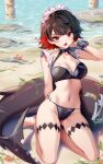  1girl alternate_costume arm_behind_back beach bikini black_bikini black_hair black_panties black_wrist_cuffs candy commentary crab day ellen_joe fins fish_tail food food_in_mouth full_body hand_up highres light_blush lollipop looking_at_viewer midriff multicolored_hair navel open_mouth outdoors paid_reward_available panties red_eyes red_hair rimuu seiza shark_girl shark_tail sitting solo stomach swimsuit tail thighs two-tone_hair underwear water white_headdress wrist_cuffs zenless_zone_zero 