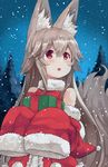  animal_ears bare_shoulders blush box commentary_request fox_ears fox_girl fur_trim gift gift_box holding holding_gift light_brown_hair long_hair long_sleeves looking_to_the_side night noa_(nagareboshi) open_mouth original outdoors red_eyes santa_costume sleeves_past_wrists snow snowing solo tree upper_body winter 