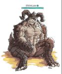  abs ambiguous_gender anthro ark-alpha barely_visible_genitalia claws deathclaw fallout front_view health_bar horn looking_at_viewer muscular pecs simple_background sitting slit solo spreading vein video_games 