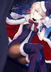  arm_behind_back artoria_pendragon_(all) bangs black_choker blonde_hair bow bowtie breasts breath brown_legwear cape choker cleavage crossed_legs dress fate/grand_order fate_(series) fur-trimmed_cape fur-trimmed_dress fur_trim gloves hair_between_eyes hand_up hat holding holding_sack kesoshirou looking_at_viewer medium_breasts pantyhose parted_lips purple_dress purple_gloves purple_hat purple_legwear sack santa_alter santa_hat serious short_hair signature sitting sleeveless sleeveless_dress solo striped striped_bow striped_neckwear thighhighs tsurime v-shaped_eyebrows yellow_eyes 