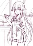  apron bare_shoulders blush chopsticks clothes_writing cowboy_shot cup eyebrows_visible_through_hair hair_down hair_flaps kantai_collection long_hair looking_at_viewer minamura_haruki monochrome open_mouth pleated_skirt sakazuki sidelocks sketch skirt smile solo sparkle standing very_long_hair yura_(kantai_collection) 