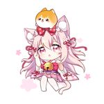  animal_ears arm_up azur_lane bangs bell blush bow cat_ears cat_girl cat_tail chestnut_mouth chibi commentary_request eyebrows_visible_through_hair floral_print flot flower hair_between_eyes hair_flower hair_ornament hand_up head_tilt japanese_clothes jingle_bell kimono kisaragi_(azur_lane) long_hair long_sleeves pantyhose parted_lips pink_eyes pink_hair pink_skirt pleated_skirt print_bow print_kimono red_bow simple_background skirt solo tail very_long_hair white_background white_kimono white_legwear wide_sleeves 