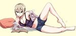  barefoot black_eyes book breasts camisole cardigan cleavage collarbone denim denim_shorts feet food grey_hair hair_between_eyes idolmaster idolmaster_cinderella_girls keikesu knee_up legs lying medium_breasts mouth_hold navel off_shoulder on_side open_book open_cardigan open_clothes pillow pocky purple_camisole reading shiomi_shuuko short_hair shorts simple_background solo sweater white_sweater 