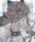  1girl absurdres animal_ears armband bandaged_fingers bandages closed_mouth earrings half-closed_eyes highres jewelry long_hair looking_at_viewer original purple_eyes solo soresaki white_hair 