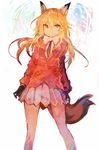  absurdres animal_ears arms_at_sides bangs black_gloves blazer blonde_hair bow ezo_red_fox_(kemono_friends) fox_ears fox_tail gloves hair_between_eyes highres jacket kaamin_(mariarose753) kemono_friends long_hair looking_at_viewer multicolored multicolored_clothes multicolored_legwear necktie orange_jacket pantyhose pleated_skirt shirt skirt smile solo standing tail white_background white_shirt white_skirt yellow_eyes 