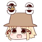  3boys :d bangs batta_(ijigen_debris) black_eyes blonde_hair blush brown_hat character_request commentary_request face hat looking_at_viewer moriya_suwako multiple_boys multiple_girls open_mouth parody pyonta sazae-san short_hair simple_background smile touhou white_background 