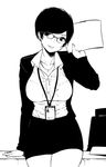  1girl alone black_eyes black_hair black_skirt breasts chair commentary desk earrings female glasses highres holding large_breasts monochrome office_clothes office_lady original paper shirt simple_background sitting skirt solo thick_thighs thighs tongue_out white_background white_shirt 